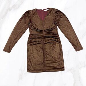 Bishop + Young Women's Metallic Burgundy‎ Ruched Long Sleeved Dress, Size S
